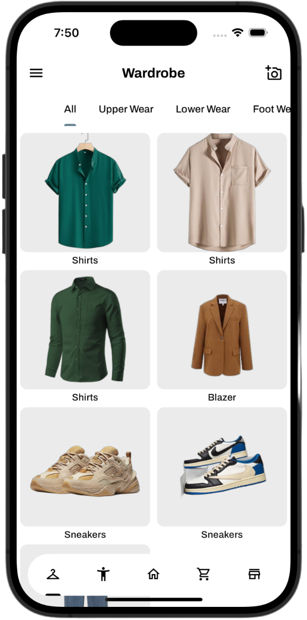 Woreto AI platform showing smart digital wardrobe with clothing items tagged, categorised, and organised for outfit planning.