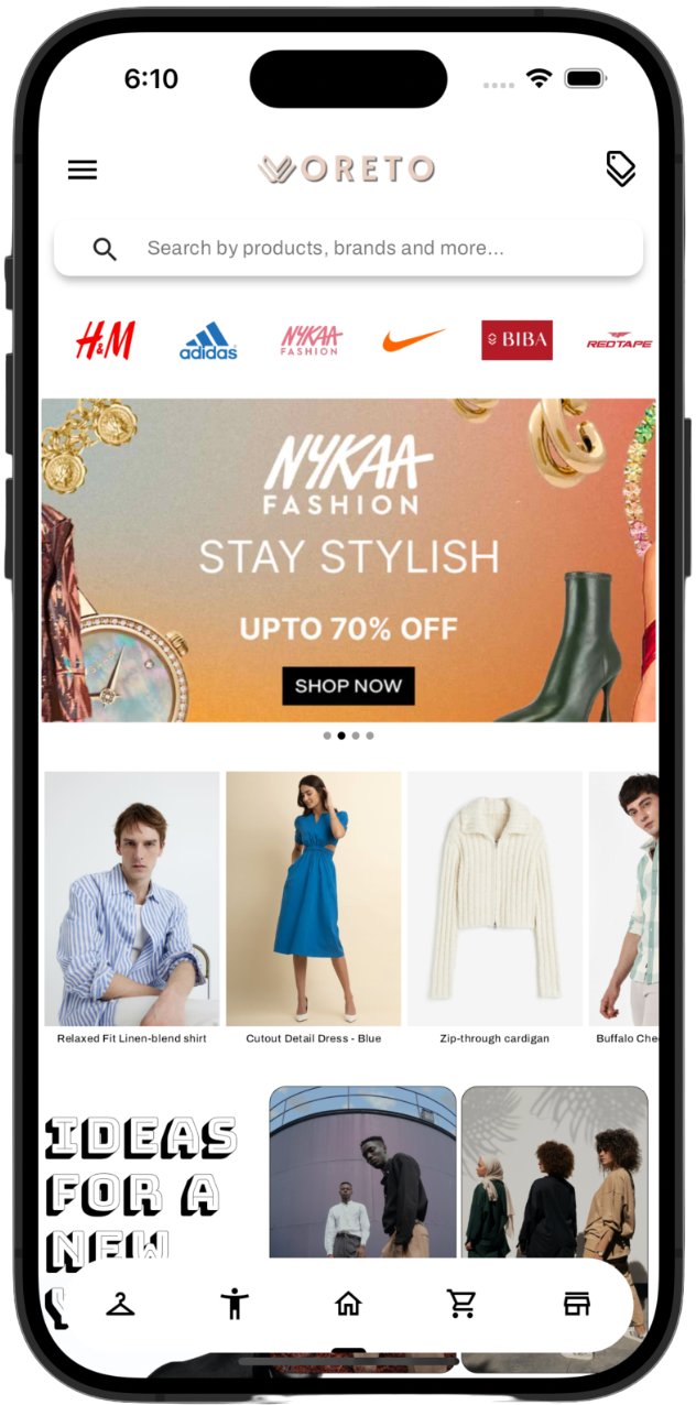 Woreto app home screen displaying AI-powered fashion discovery, smart wardrobe management, and price intelligence for Indian shoppers.